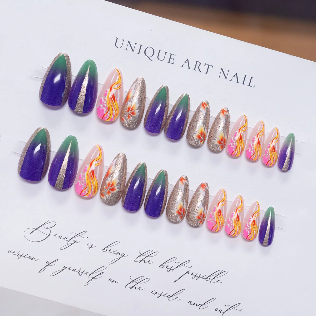 Press-On Nails Stiletto Hand-Painted Floral Pre-Applied Adhesive