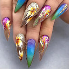 Press-On Nails Stiletto Hand-Painted Floral Pre-Applied Adhesive