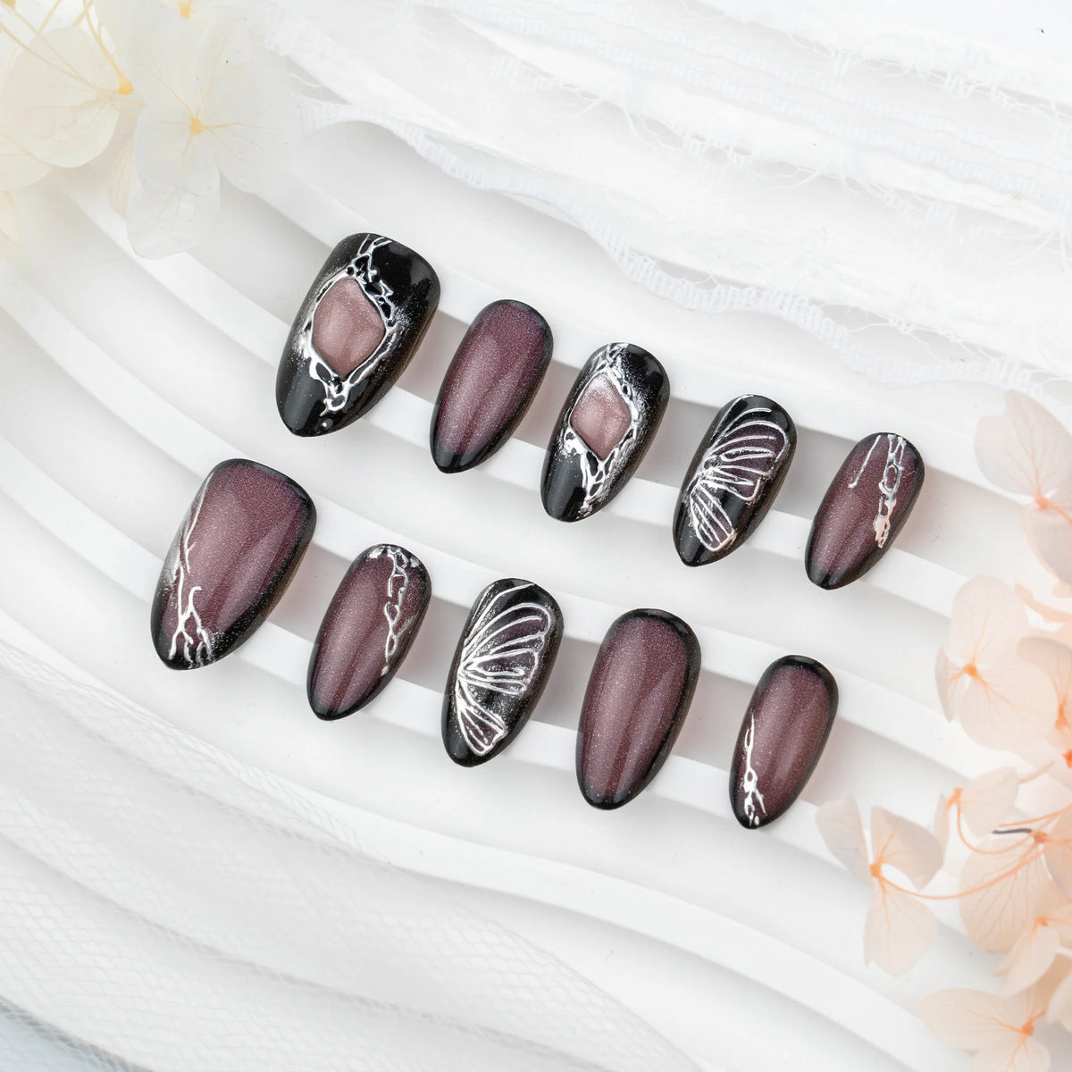 Press-On Nails Stiletto Marble & Butterfly Glue-Free