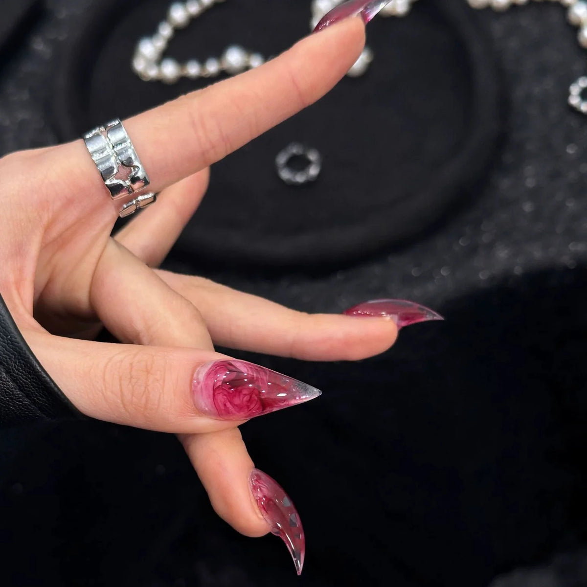 Press-On Nails Stiletto Marble Glue-Free Reusable