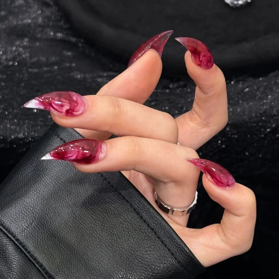 Press-On Nails Stiletto Marble Glue-Free Reusable