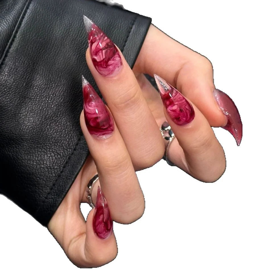 Press-On Nails Stiletto Marble Glue-Free Reusable