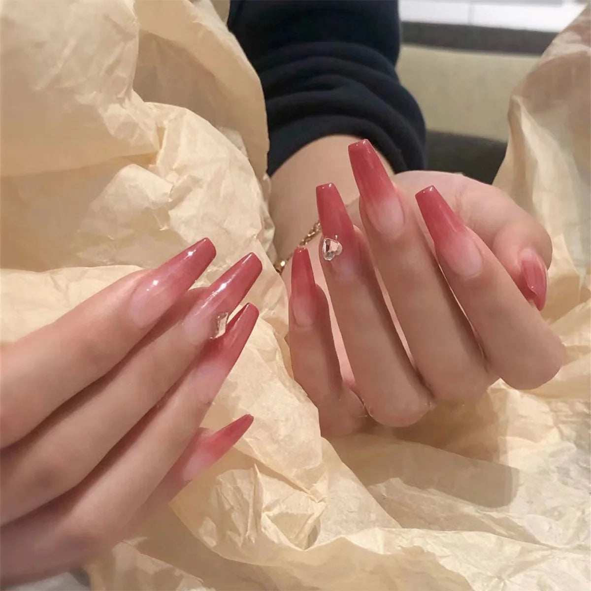 Press-On Nails Stiletto Ombre Rhinestone Accents