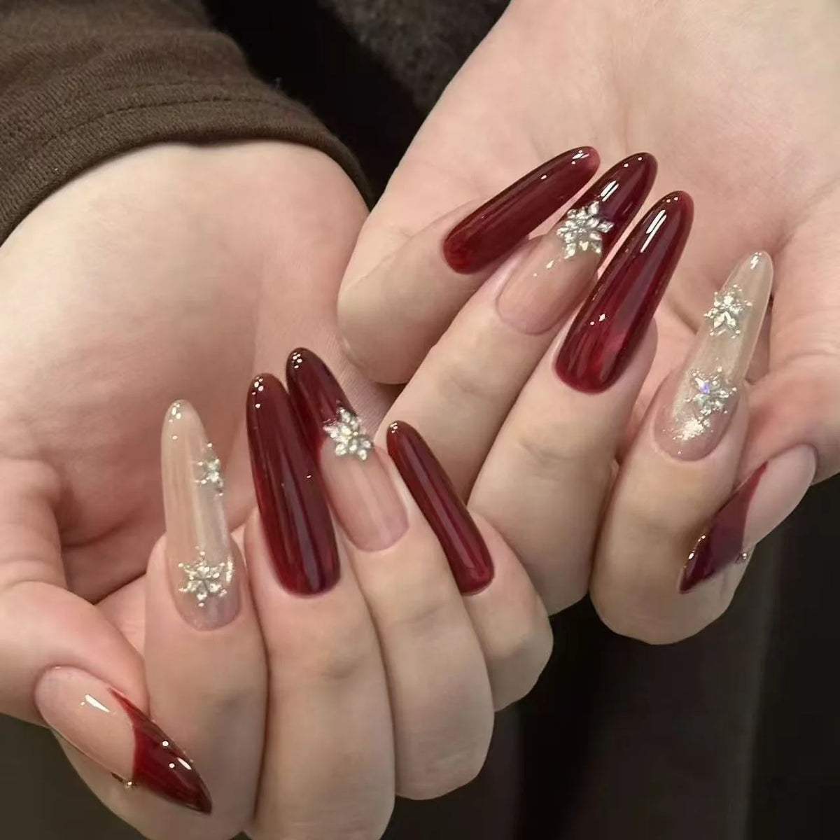 Press-On Nails Stiletto Red & Nude Floral Comfort-Fit