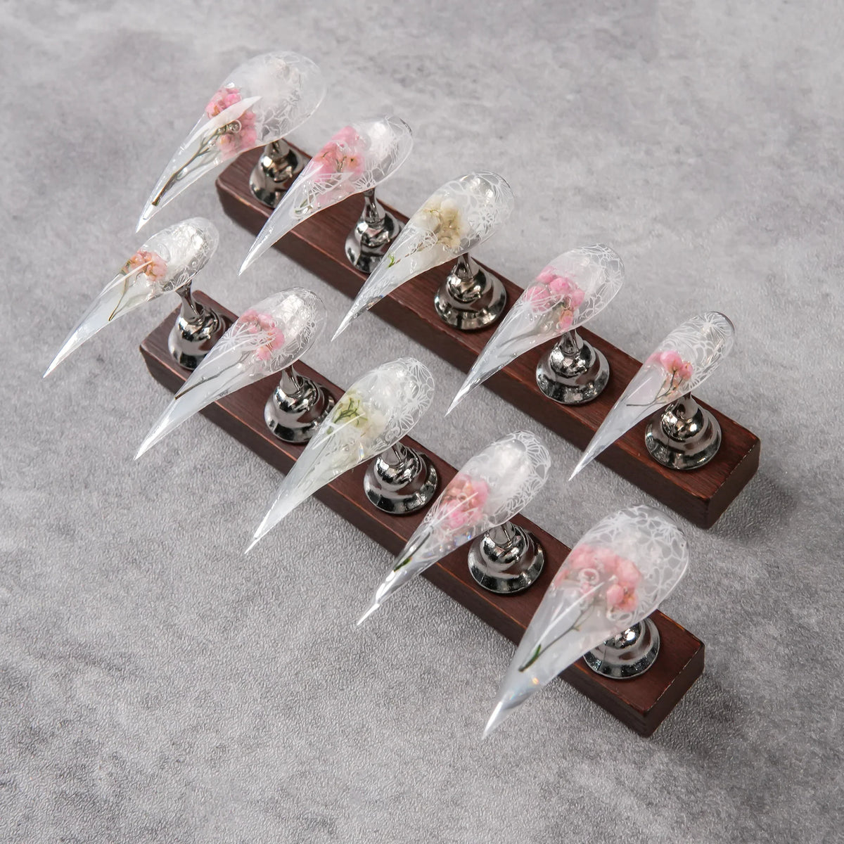 Press-On Nails Stiletto Shape Floral Resin Reusable
