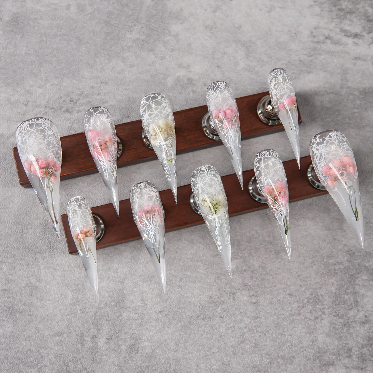 Press-On Nails Stiletto Shape Floral Resin Reusable