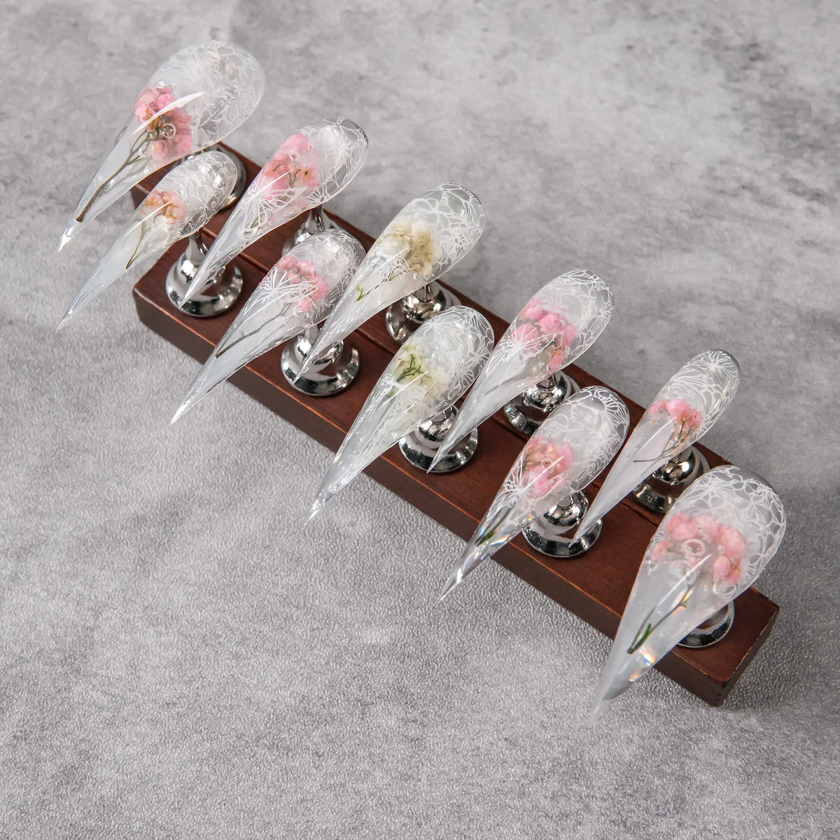 Press-On Nails Stiletto Shape Floral Resin Reusable