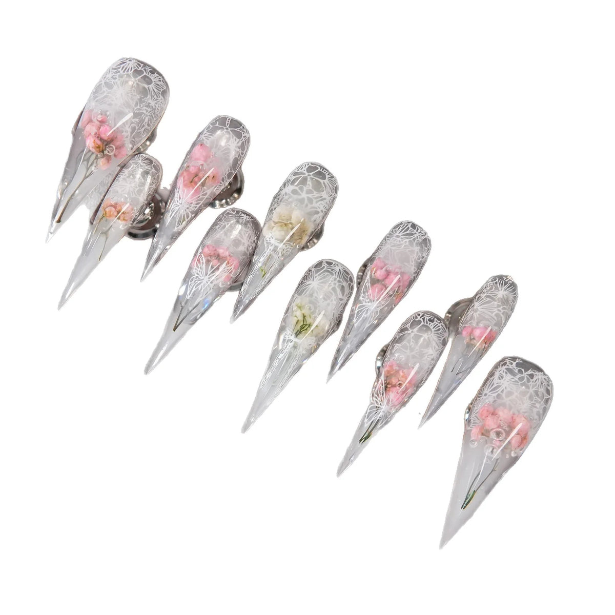 Press-On Nails Stiletto Shape Floral Resin Reusable
