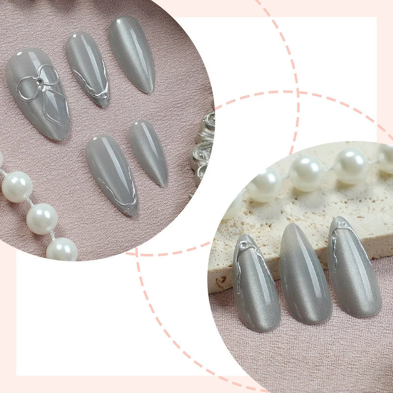 Press-On Nails Stiletto Shape Glossy Metallic Accents
