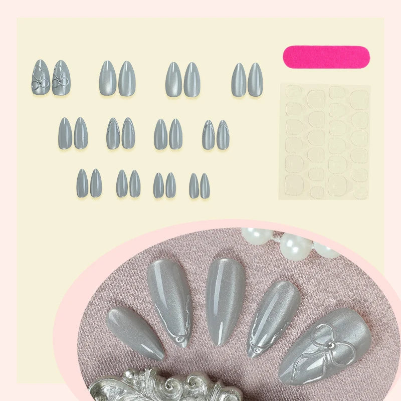 Press-On Nails Stiletto Shape Glossy Metallic Accents