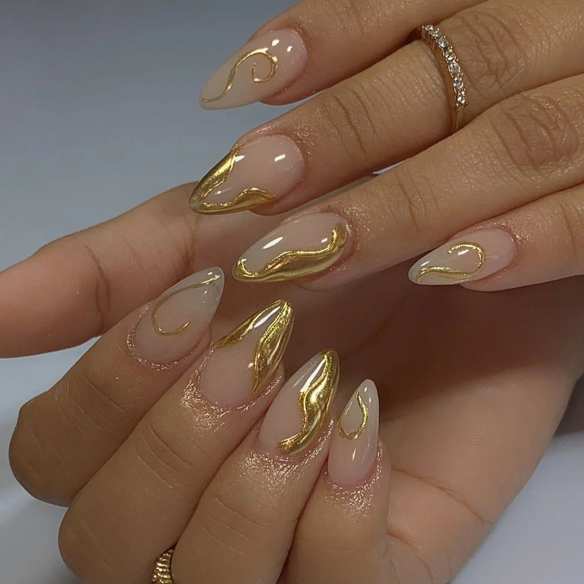 Press-On Nails Stiletto Translucent Base Gold Accents