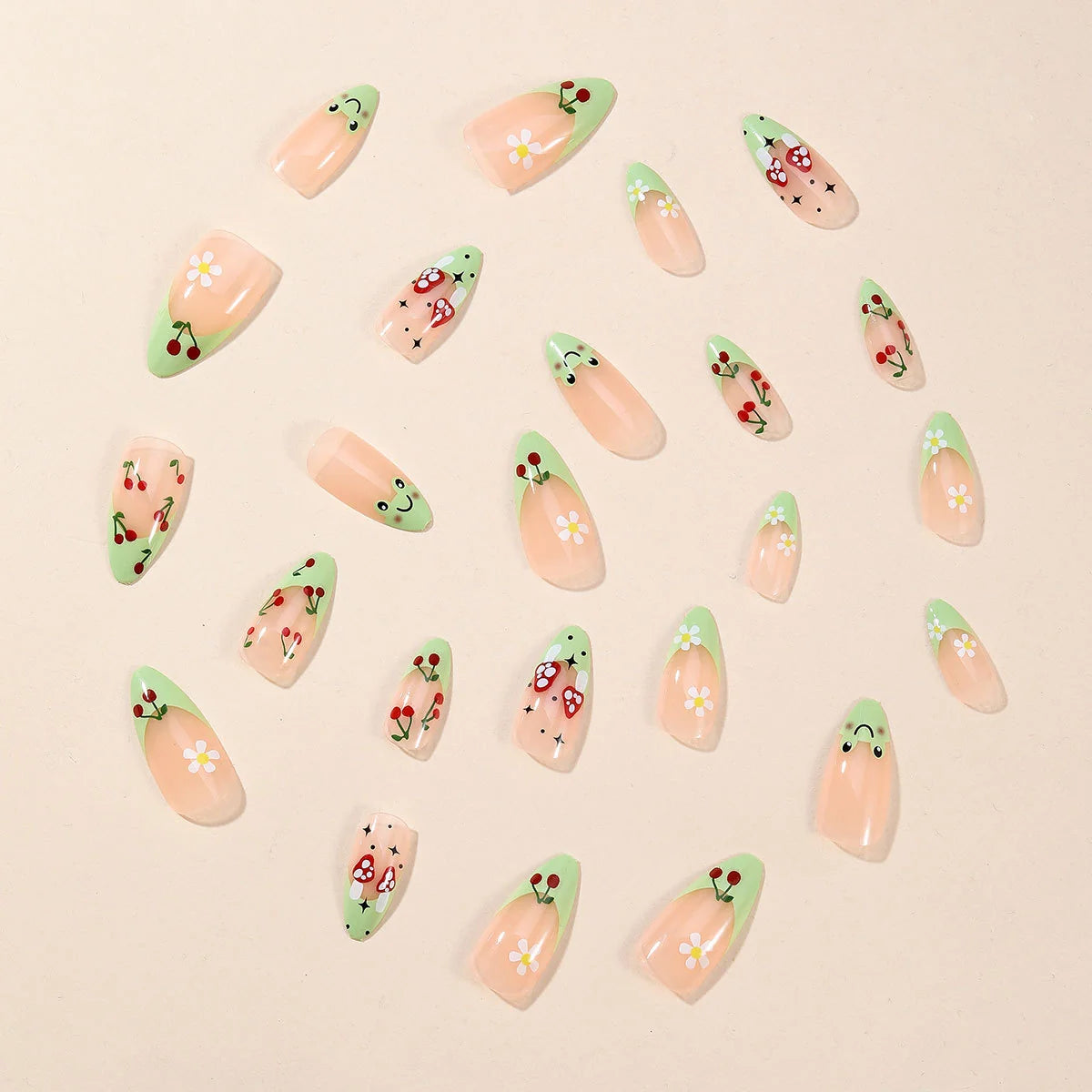 Press-On Nails Stiletto Whimsical Cherry & Frog Designs