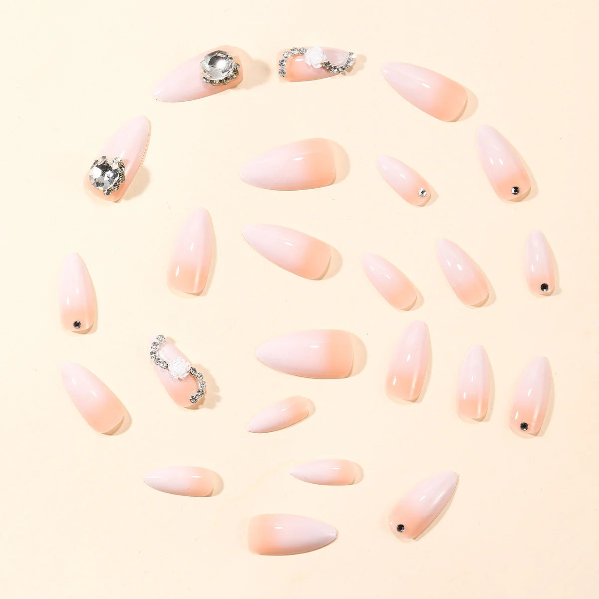 Press-On Nails Stiletto White Floral & Rhinestones Long-Lasting