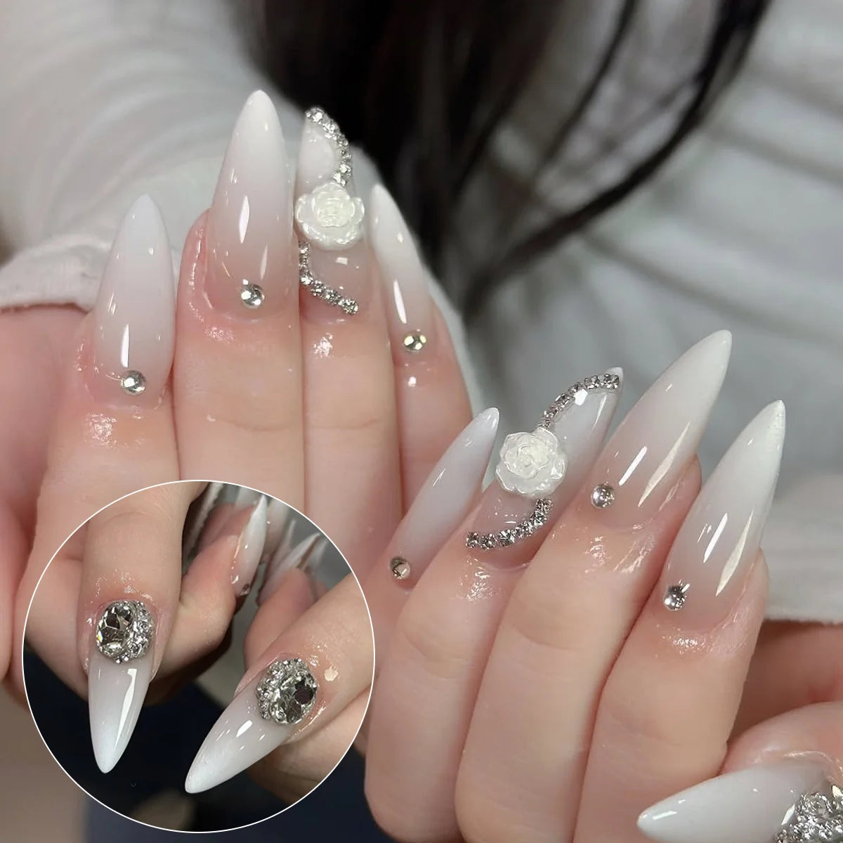Press-On Nails Stiletto White Floral & Rhinestones Long-Lasting