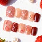 Press-On Nails Strawberry Design & Gold Accents Comfort Fit