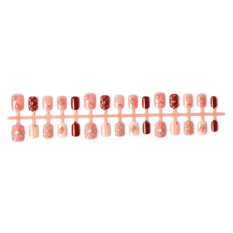 Press-On Nails Strawberry Design & Gold Accents Comfort Fit