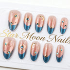 Press-On Nails Teal Celestial Stars & Moons Easy Application