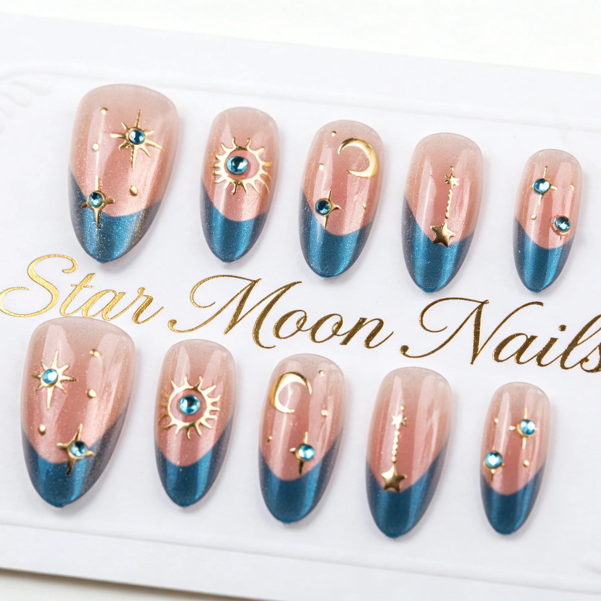 Press-On Nails Teal Celestial Stars & Moons Easy Application
