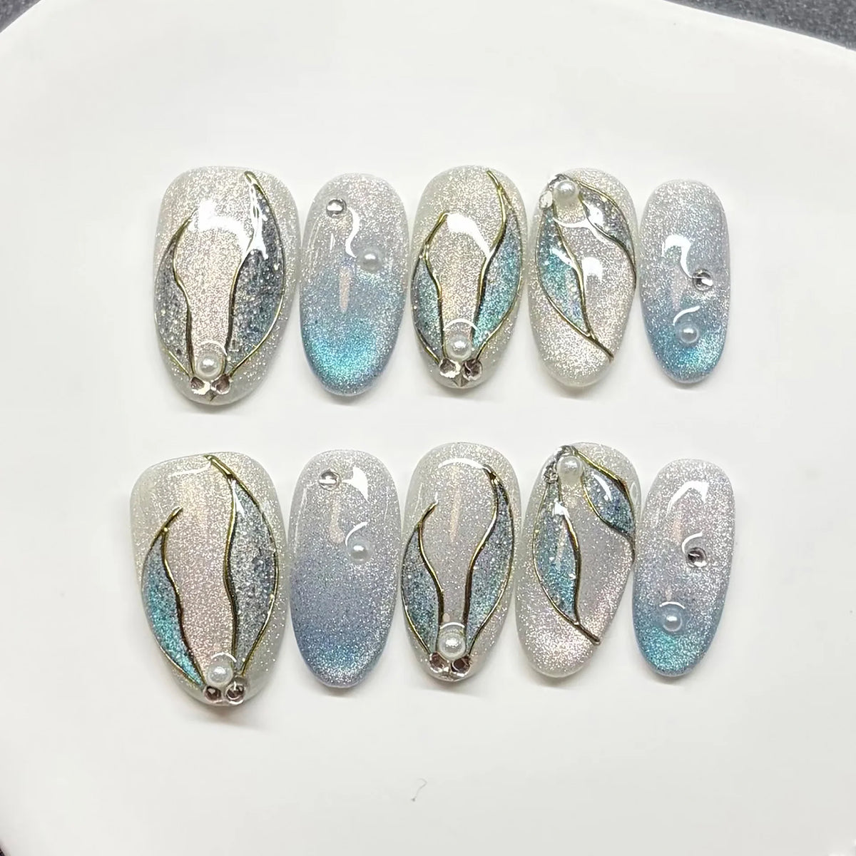 Press-On Nails Teal Glitter Ombre Comfortable Fit