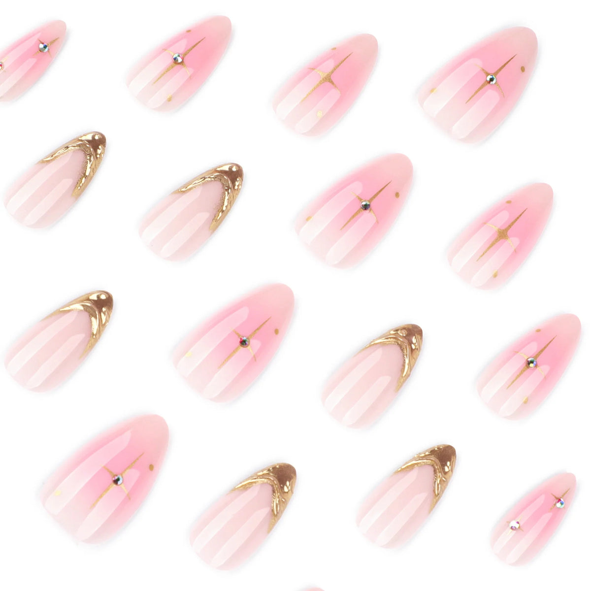 Press-On Nails Translucent Pink Gold Tips & Rhinestones