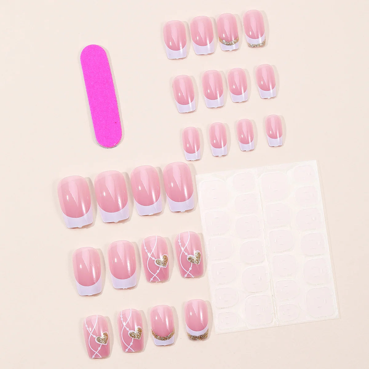 Press-On Nails White Heart Gold Accent