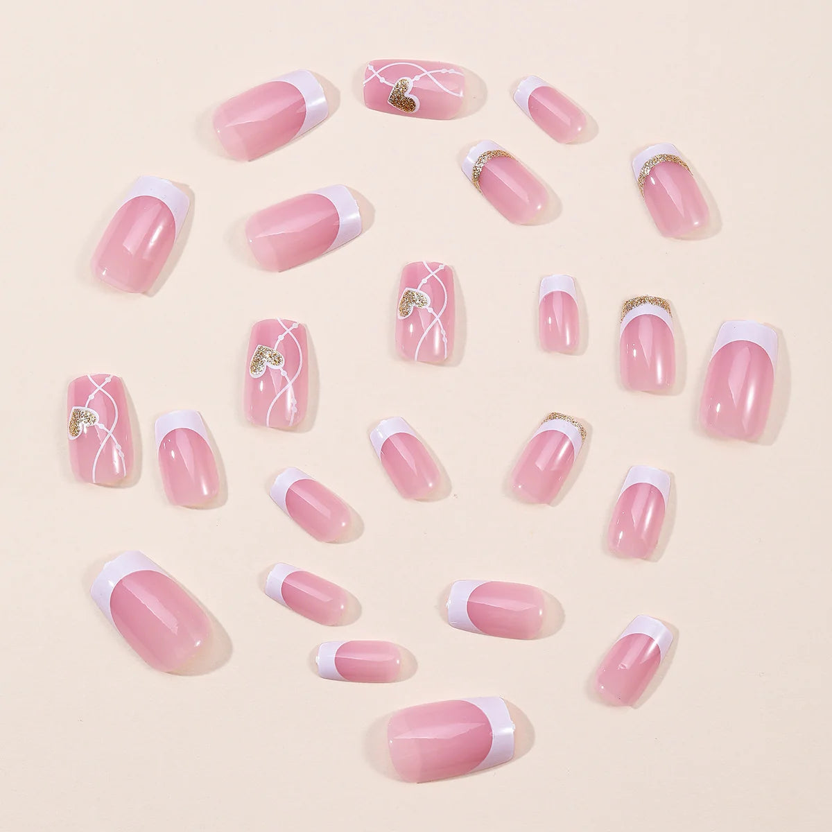 Press-On Nails White Heart Gold Accent
