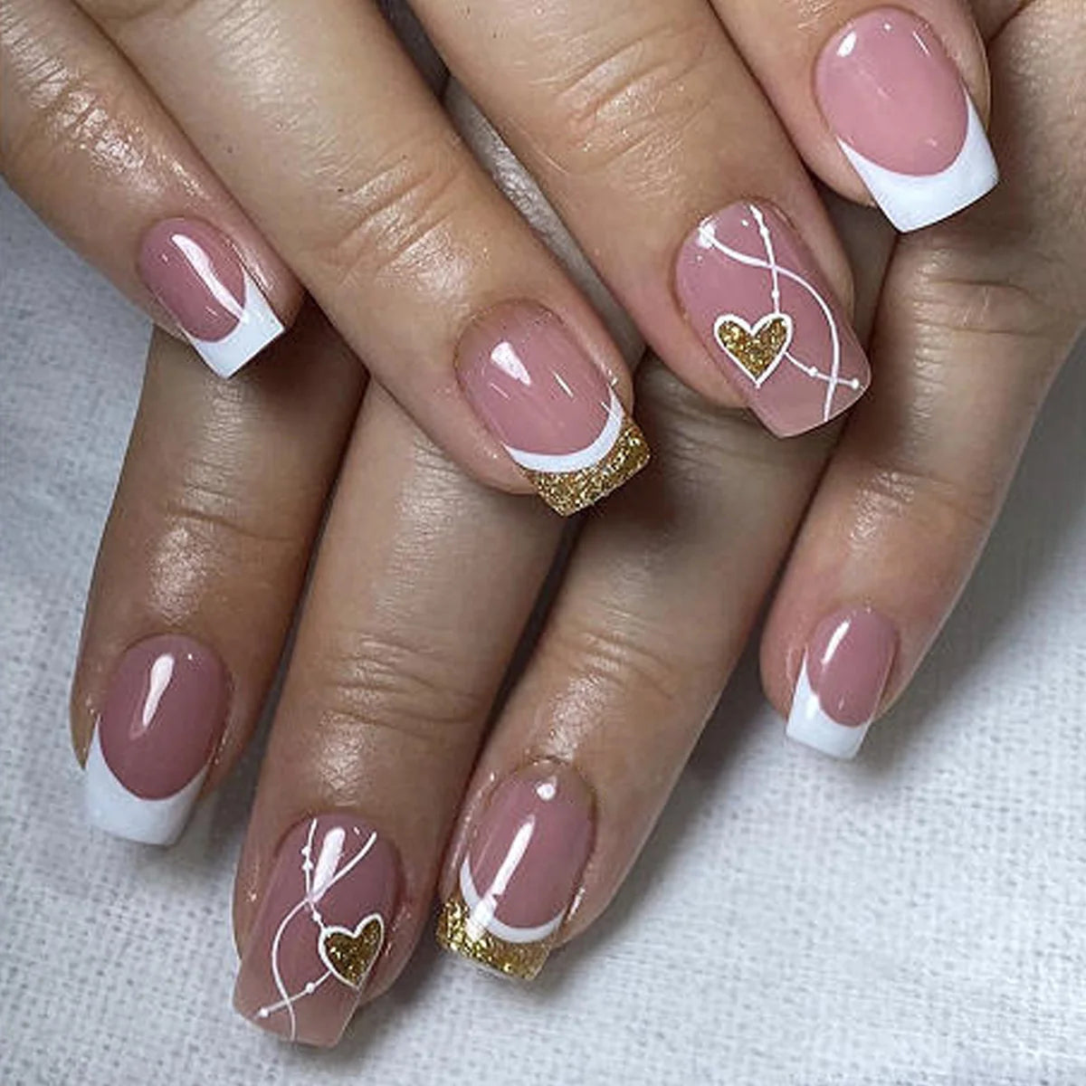 Press-On Nails White Heart Gold Accent