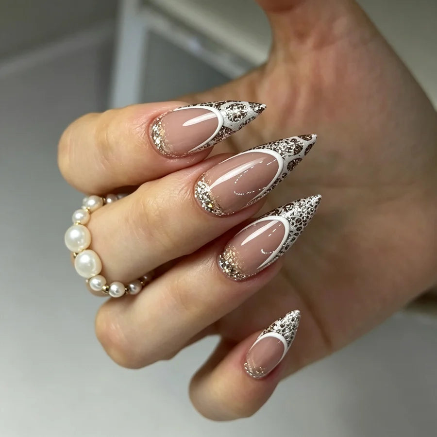 Press-On Stiletto Nail Set Glitter & Pattern Easy Application
