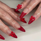 Press-On Stiletto Nail Set Red Acrylic Bow Accents