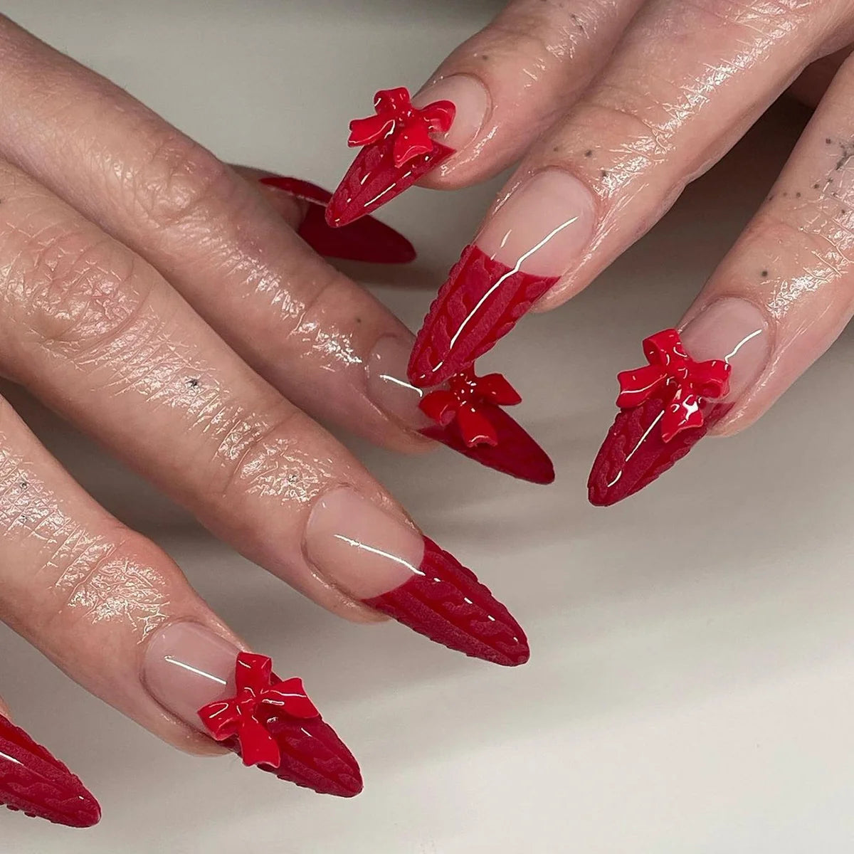 Press-On Stiletto Nail Set Red Acrylic Bow Accents