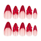 Press-On Stiletto Nail Set Red Acrylic Bow Accents