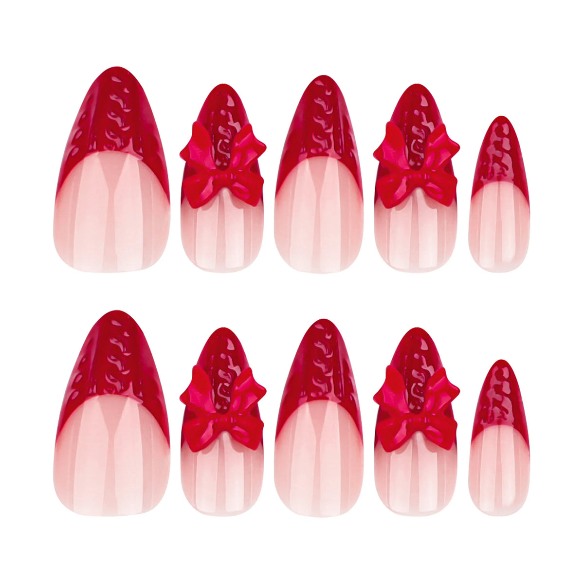 Press-On Stiletto Nail Set Red Acrylic Bow Accents