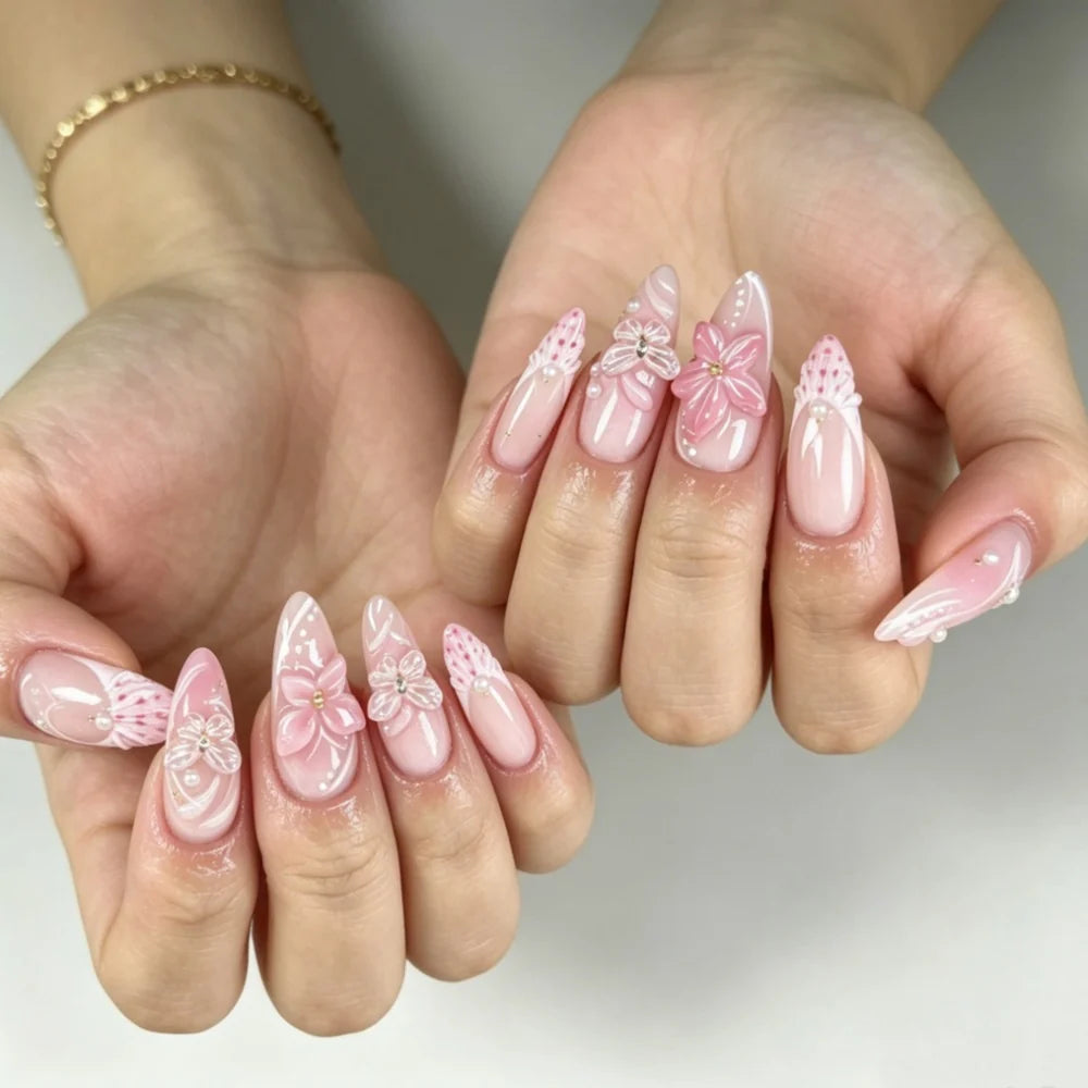 Press-On Stiletto Nails Floral Design & Glossy Finish
