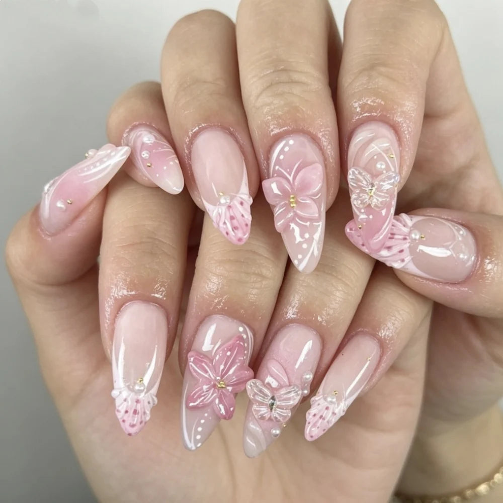 Press-On Stiletto Nails Floral Design & Glossy Finish