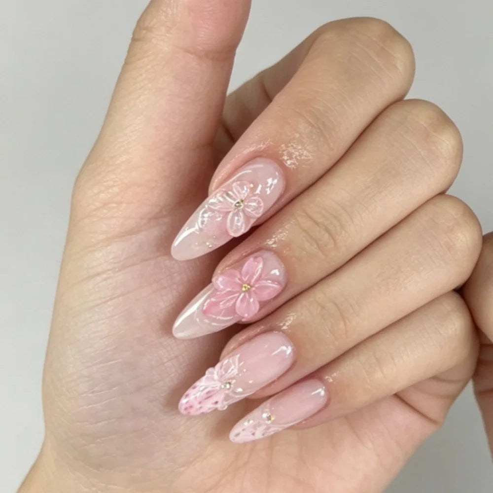 Press-On Stiletto Nails Floral Design & Glossy Finish