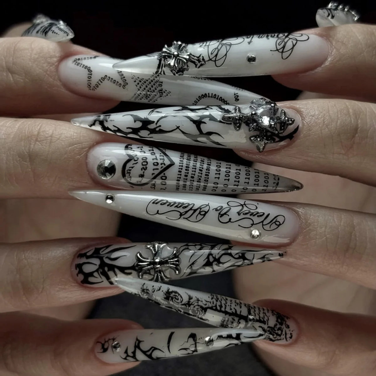 Press-On Stiletto Nails Floral & Glitter Easy Application