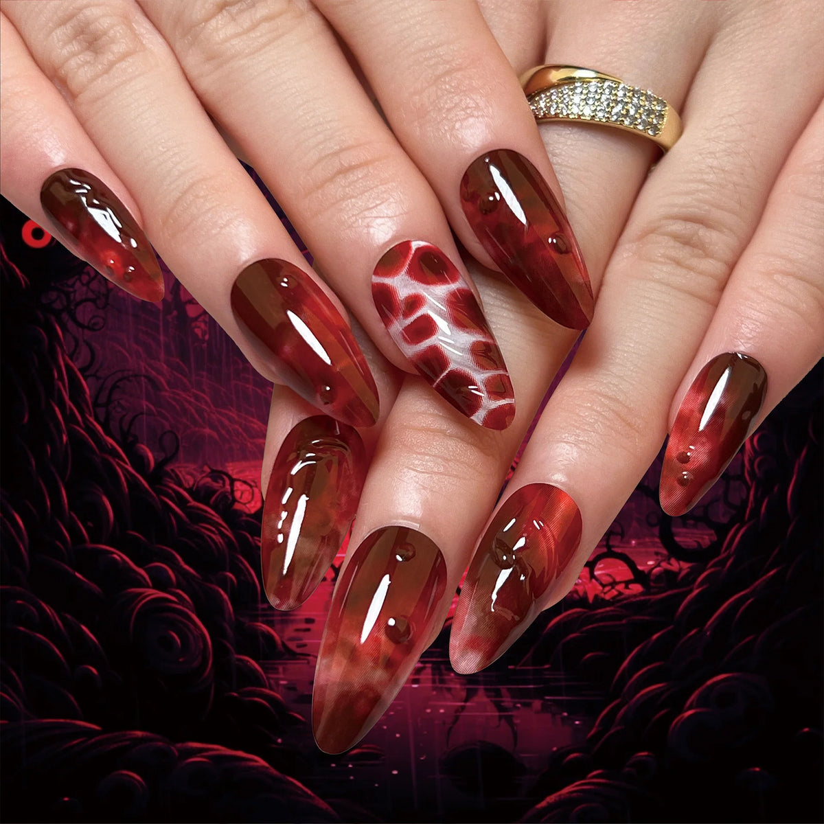 Press-On Stiletto Nails Red Transparent Reinforced Hold