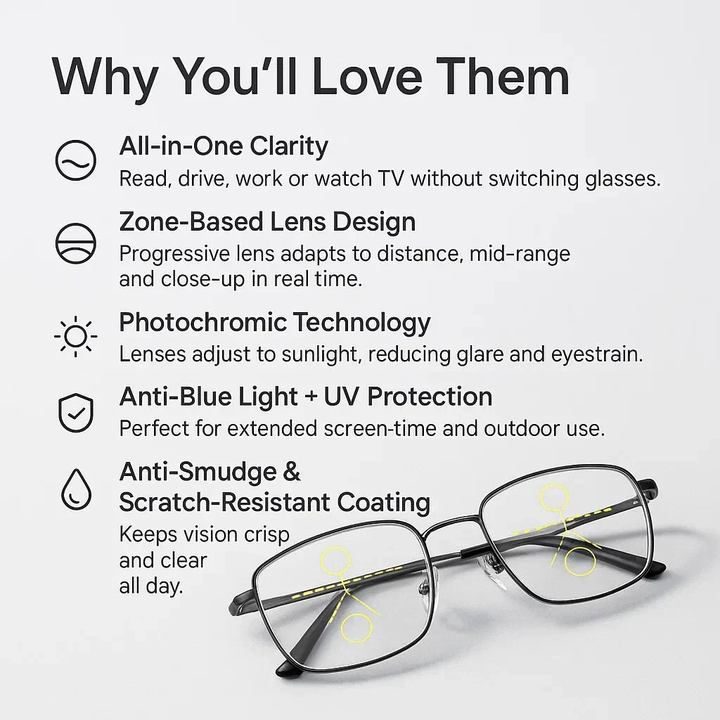 Progressive Reading Glasses Photochromic Blue Light & UV Protection