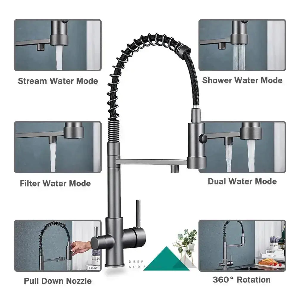 Pull-Down Kitchen Faucet Three-Way Purified Water Dual-Handle