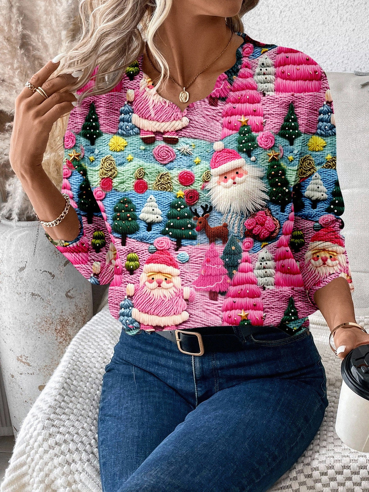 Pullover Sweater Christmas Pattern Scalloped Hem
