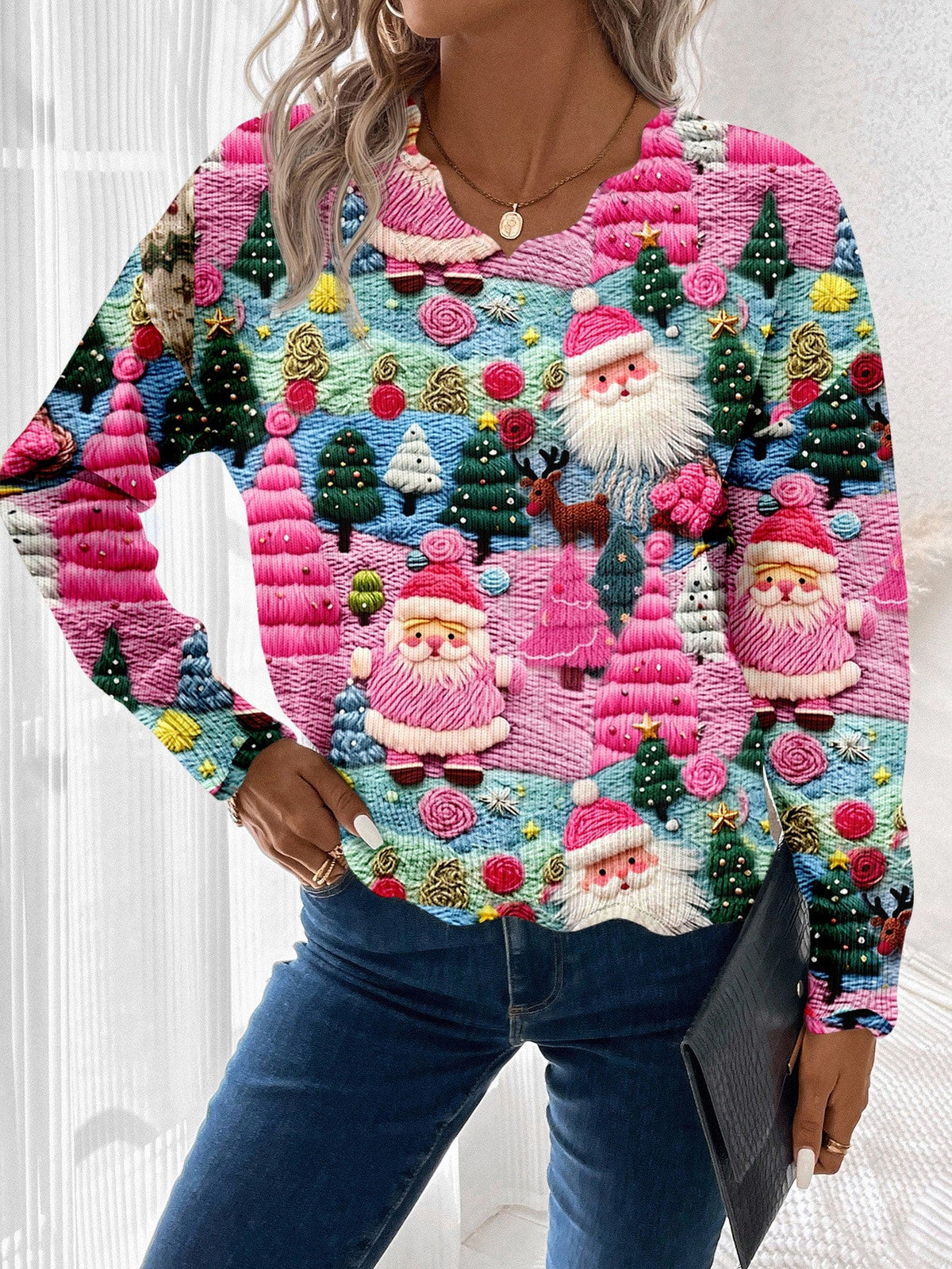 Pullover Sweater Christmas Pattern Scalloped Hem