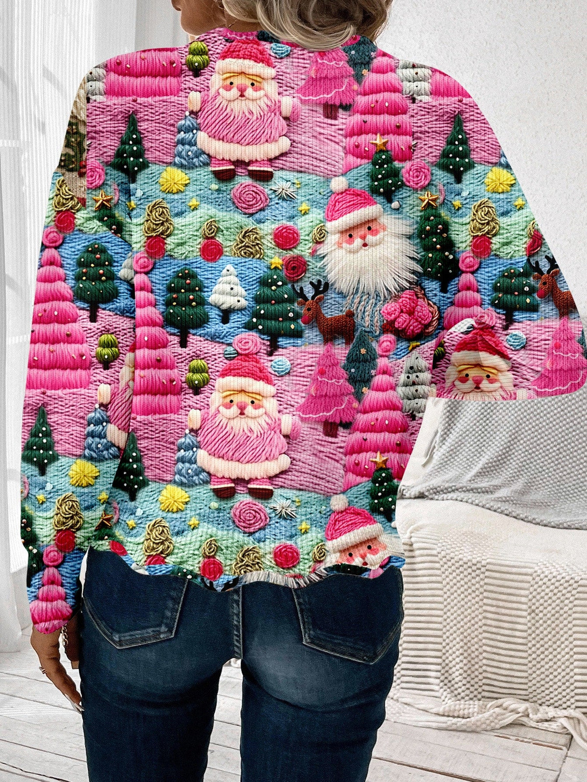 Pullover Sweater Christmas Pattern Scalloped Hem