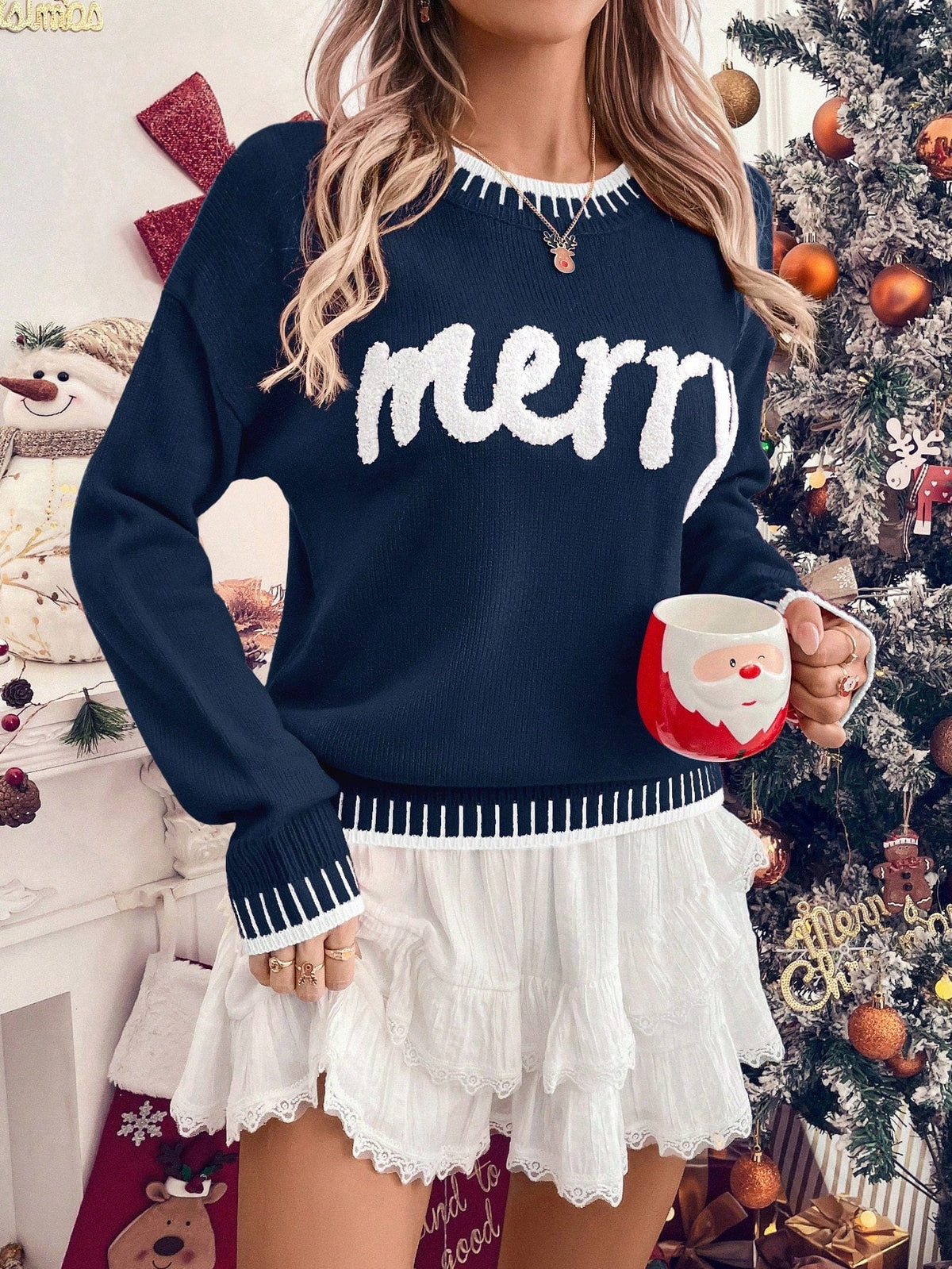 Pullover Sweater Rib Knit Drop Shoulder Loose Fit