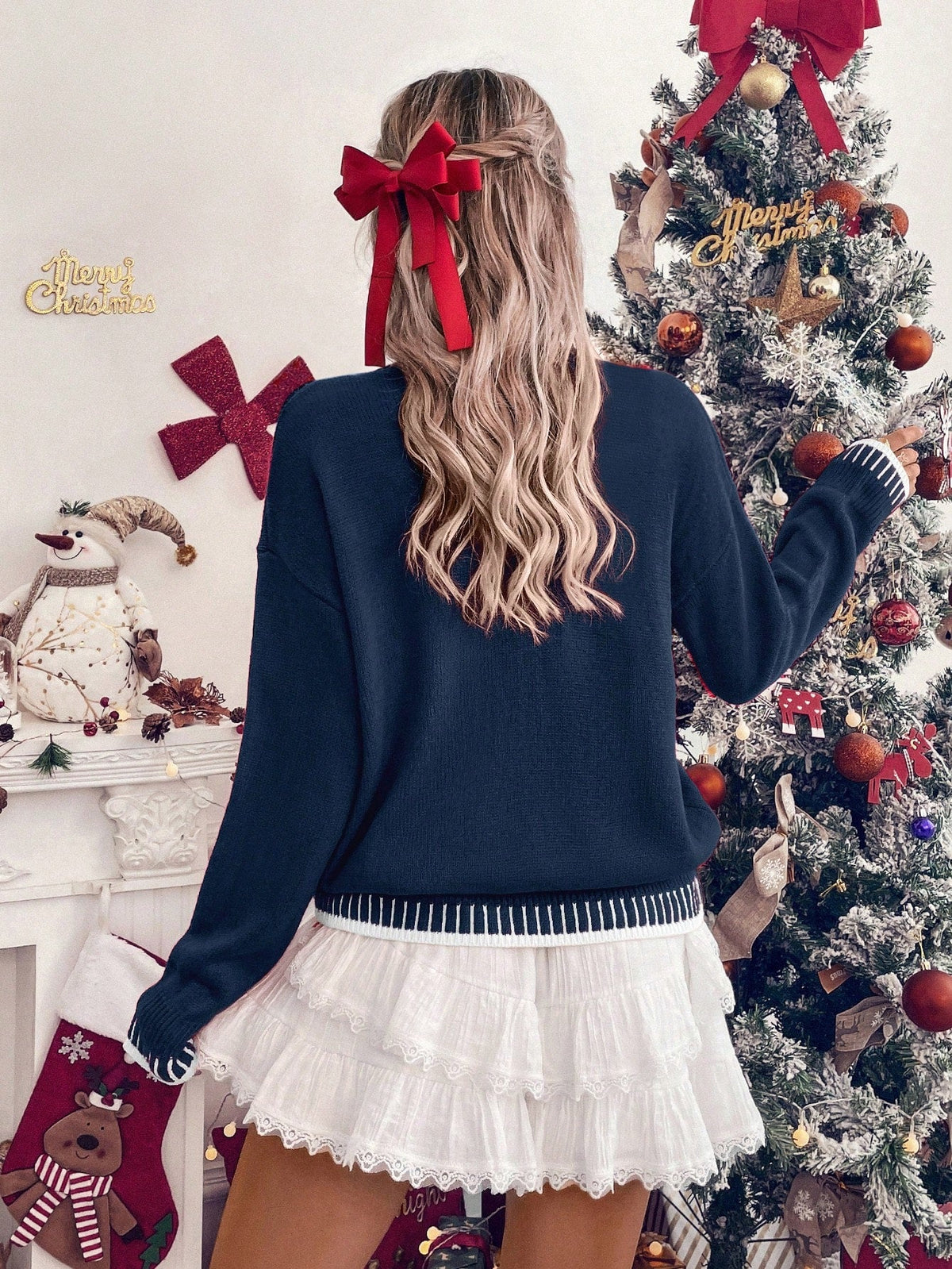 Pullover Sweater Rib Knit Drop Shoulder Loose Fit