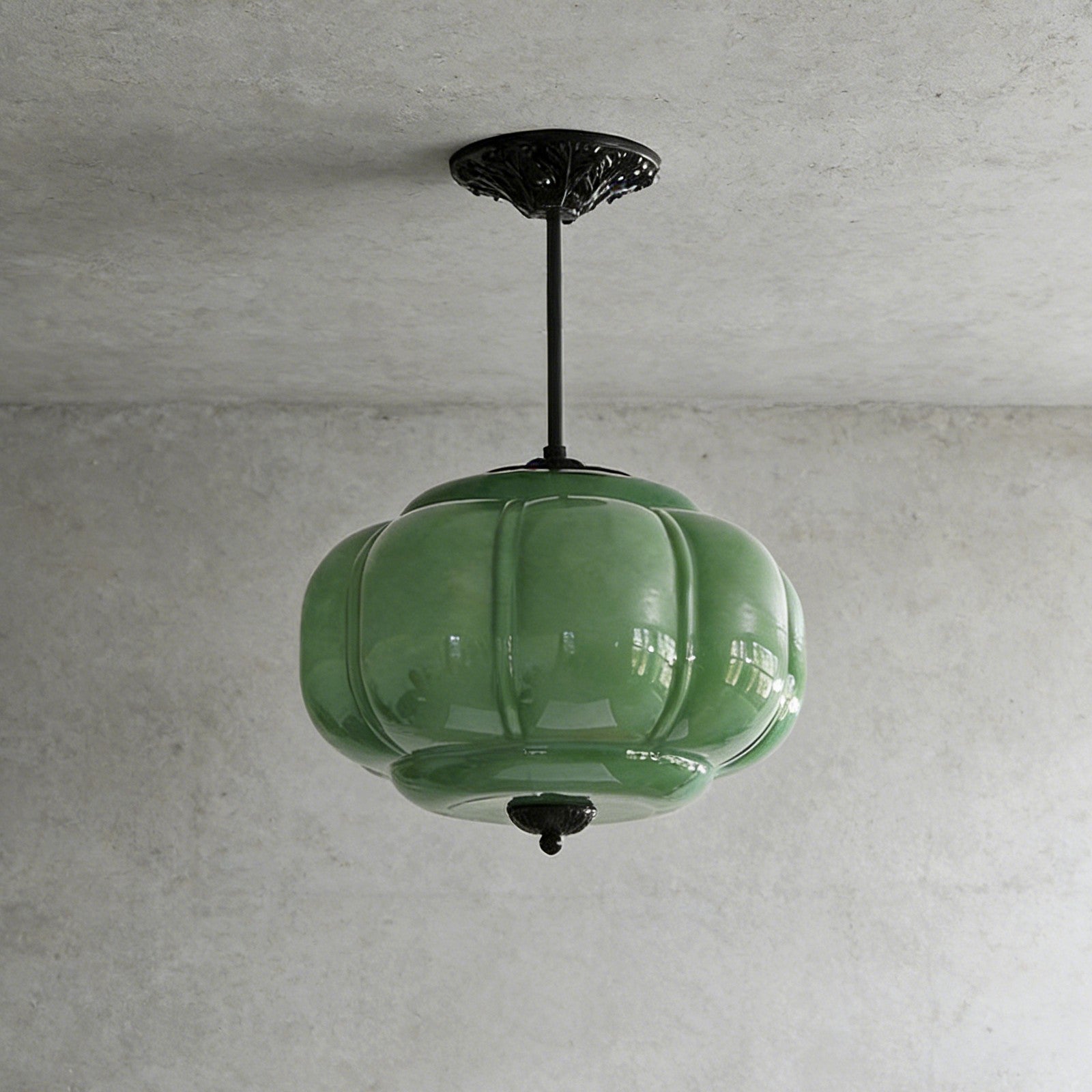 Pumpkin-Style Green Glass Pendant Light (Dimmable)