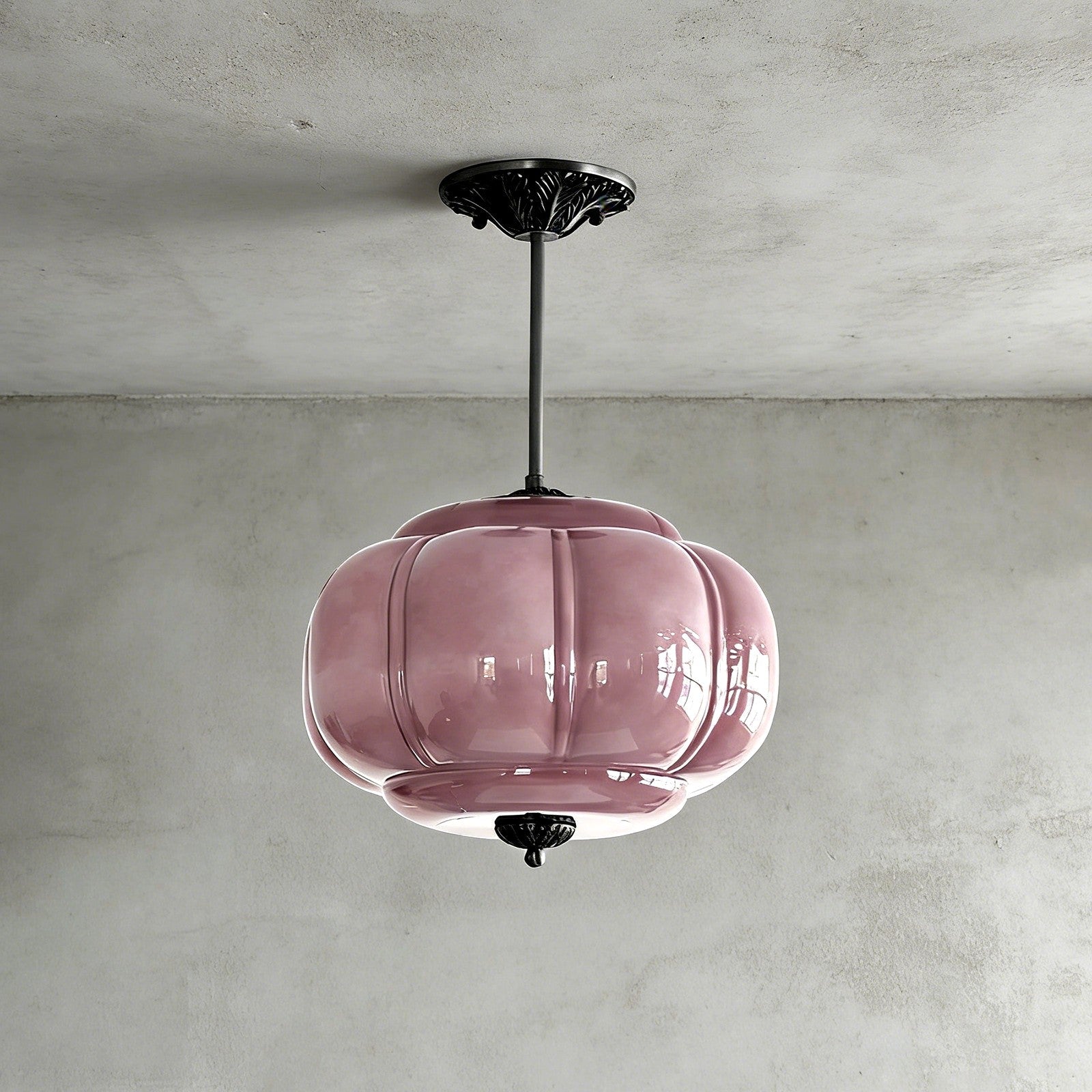 Pumpkin-Style Green Glass Pendant Light (Dimmable)