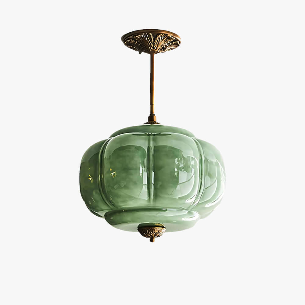 Pumpkin-Style Green Glass Pendant Light (Dimmable)