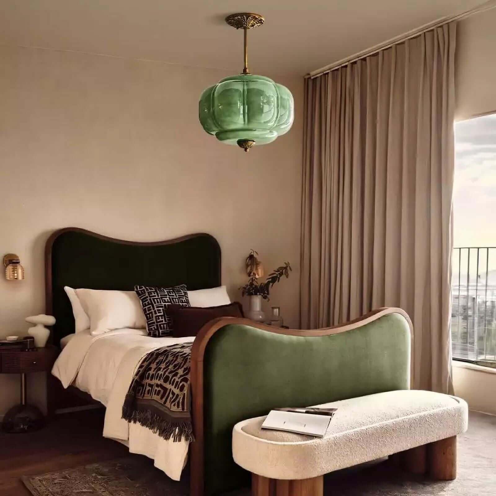 Pumpkin-Style Green Glass Pendant Light (Dimmable)