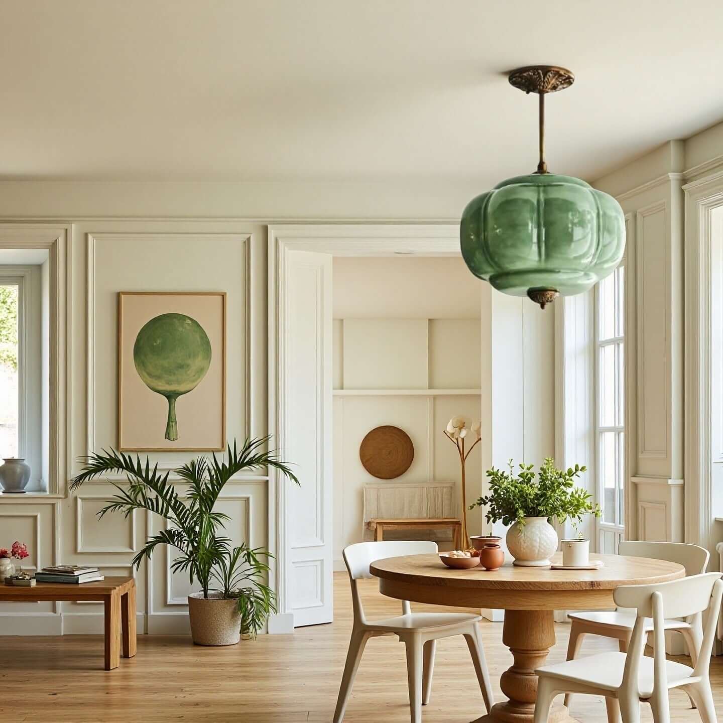 Pumpkin-Style Green Glass Pendant Light (Dimmable)