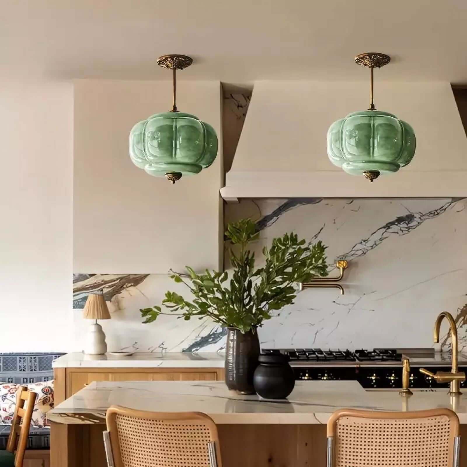 Pumpkin-Style Green Glass Pendant Light (Dimmable)